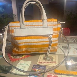 Coach Orange and White Stripes Leather Top Handle Small Satchel Crossbody Bag